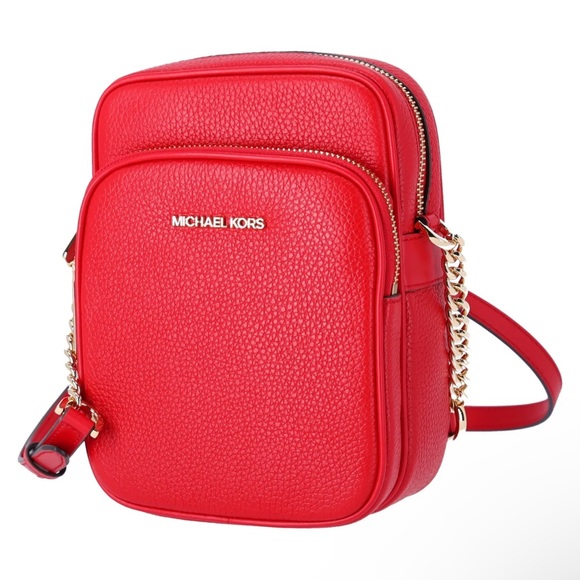 Michael Kors Jet Set Flight Bag Crossbody Pebbled Leather Gold Bright Red - Picture 2 of 5